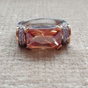 Gold And Silver Tone Multi-Faceted Orange Glass Ring